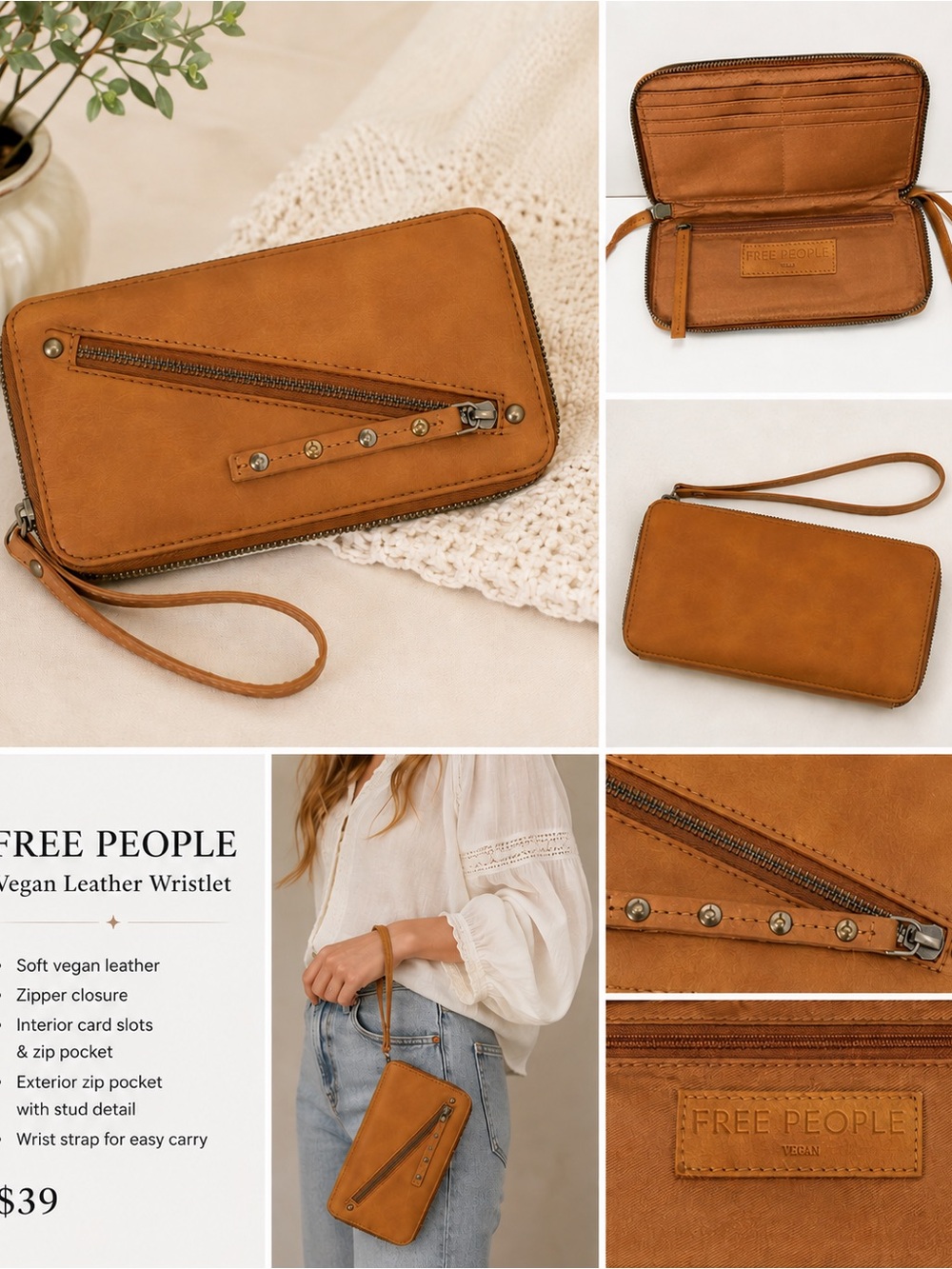 Free People Vegan Leather Zip Wallet Wristlet – Caramel Brown Coastal  Classic